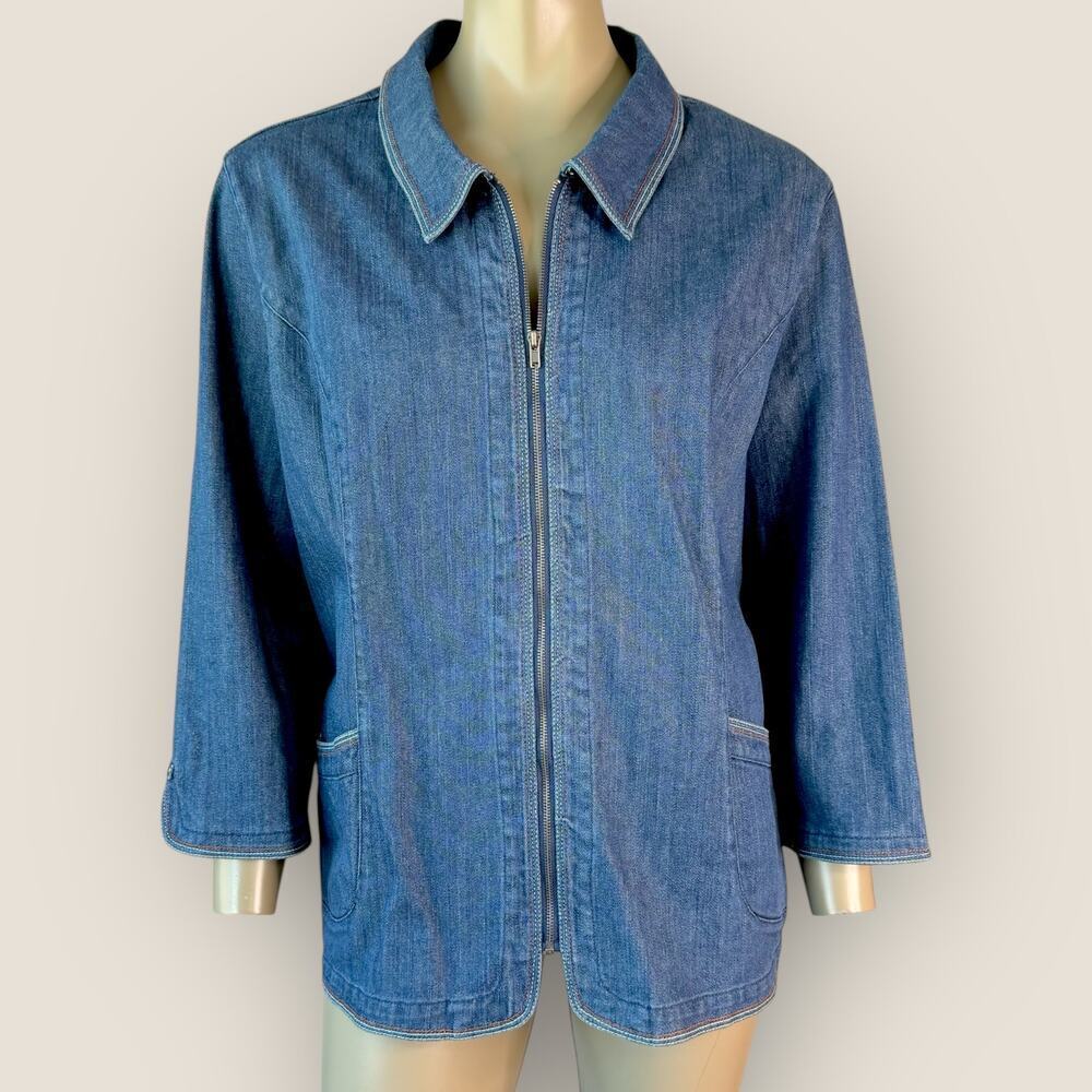 City Blues By Koret Vintage Denim Shacket Zip Front Utility Jacket Women L Blue